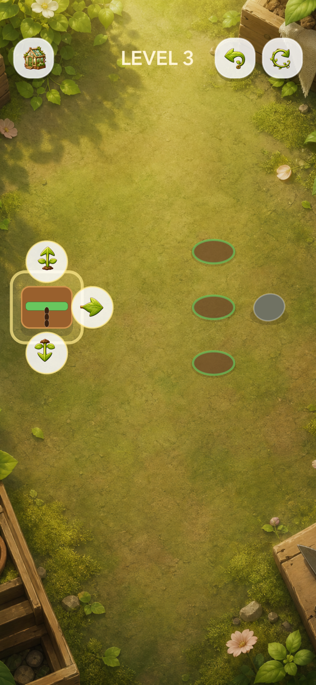 Crate Bloom puzzle level with a crate and flower patches